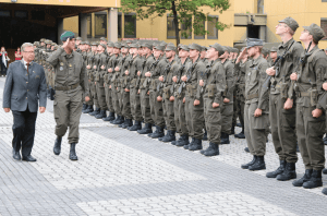 Angelobung in Innsbruck Der stellvertretende Militärkommandant, Oberst Gerhard Pfeifer und Gemeinderat, Franz Hitzel schreiten die Front ab.