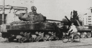 Shot down Russian Sherman tank (went to the Soviet Union via the Land-Lease program) on Marchfeldstrasse in Vienna.