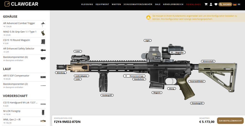 A look at the Clawgear configurator. ©Militär Aktuell/Bendl