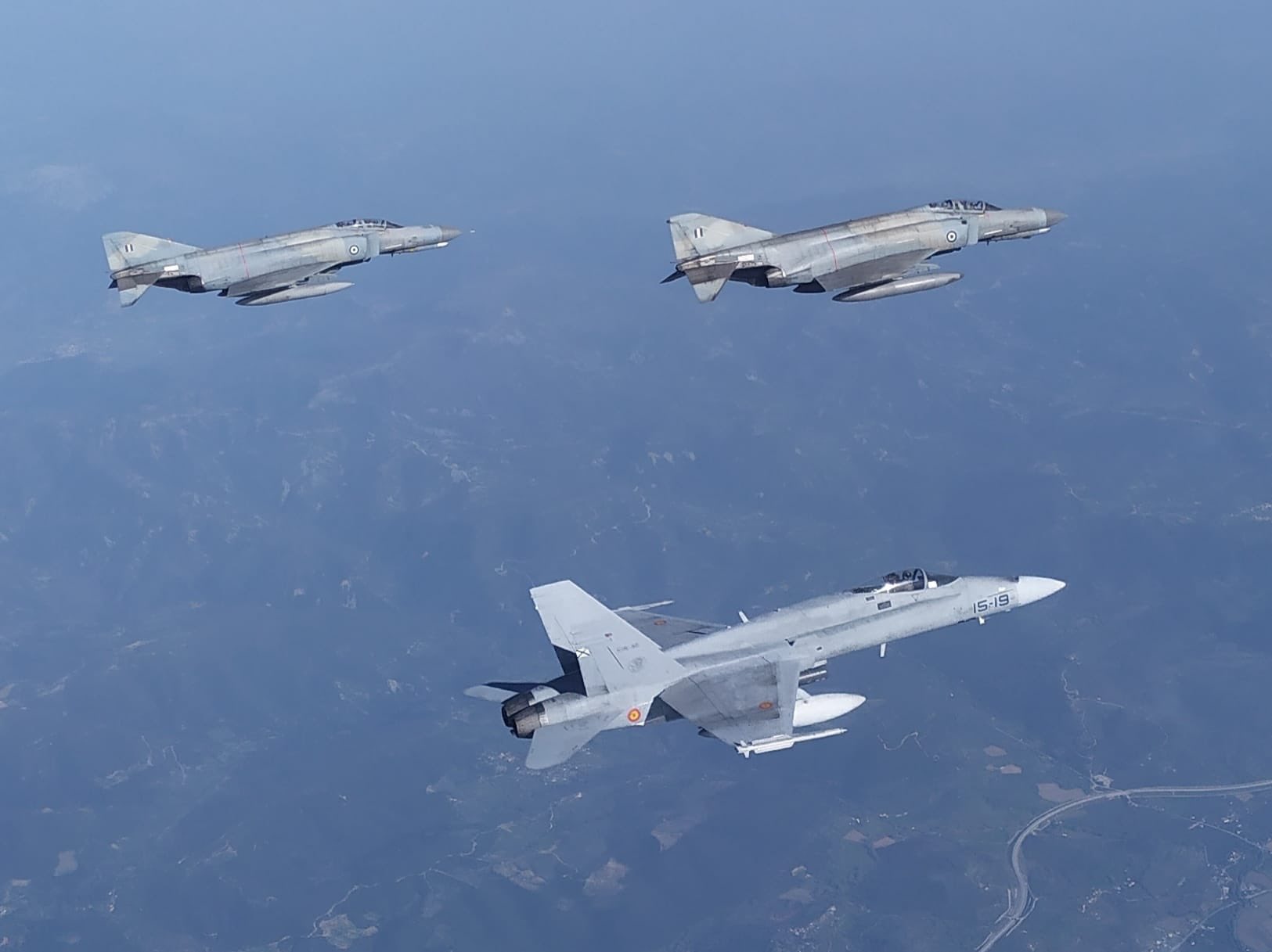 A Spanish EF-18A and two Greek F-4Es during the A Spanish EF-18A and two Greek F-4Es during the