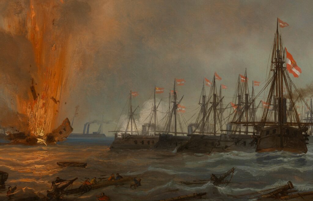 Das italienische Panzerschiff Palestro fliegt in die Luft; rechts formieren sich die österreichischen Kriegsschiffe neu – ©Wien Museum