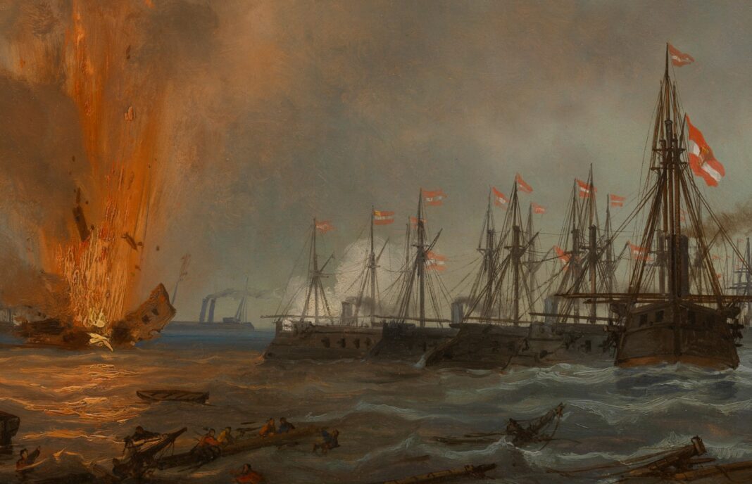 Das italienische Panzerschiff Palestro fliegt in die Luft; rechts formieren sich die österreichischen Kriegsschiffe neu – ©Wien Museum