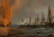 Das italienische Panzerschiff Palestro fliegt in die Luft; rechts formieren sich die österreichischen Kriegsschiffe neu – ©Wien Museum